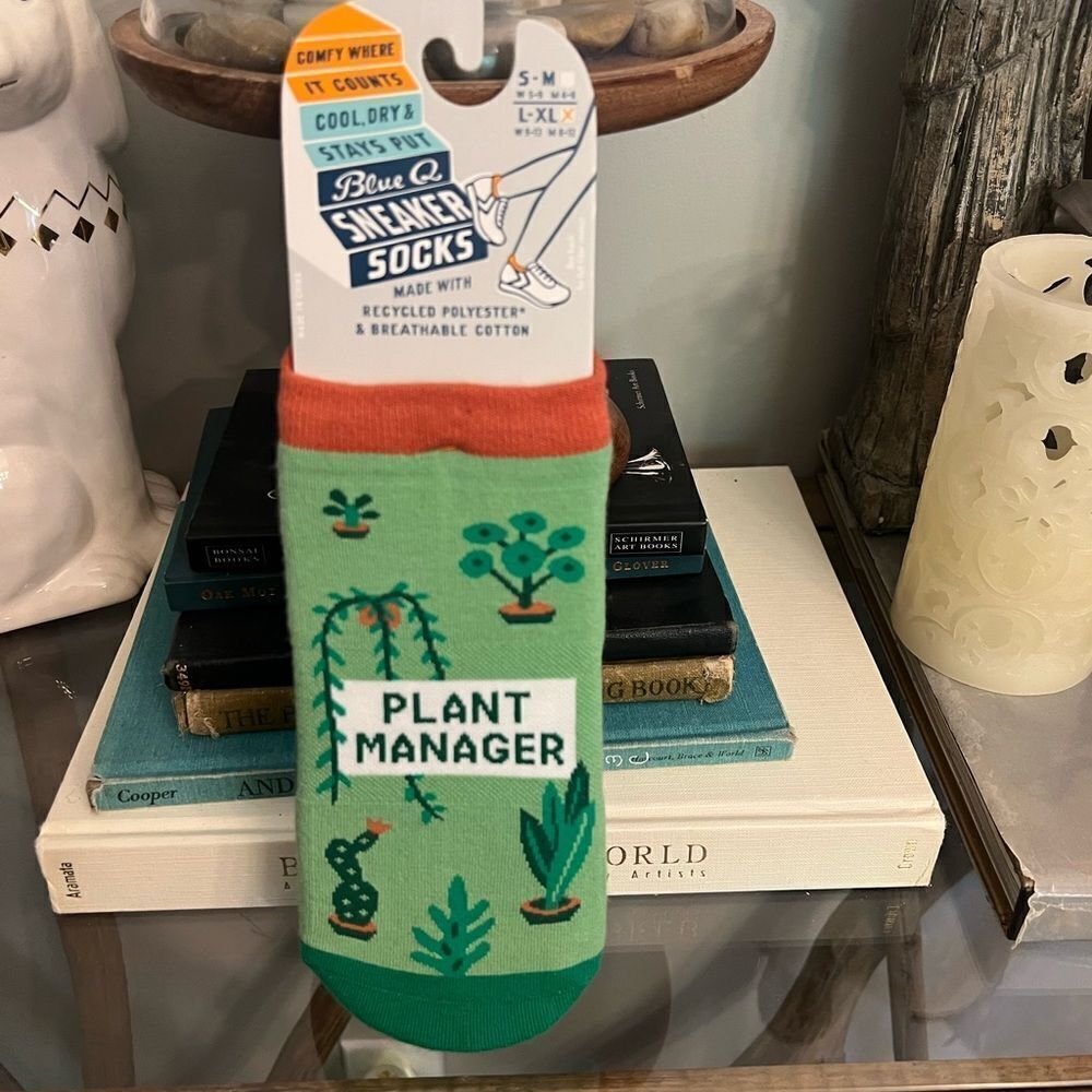Blue Q Plant Manager Socks - Green and Orange women’s sneaker socks. Size L-XL